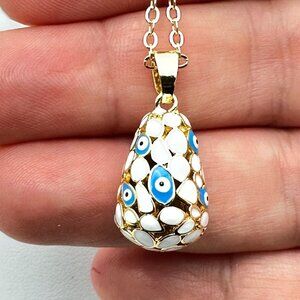 Evil Eye Pendant Necklace Gold Plated Blue White Enamel 18 - 20 Inch Chain